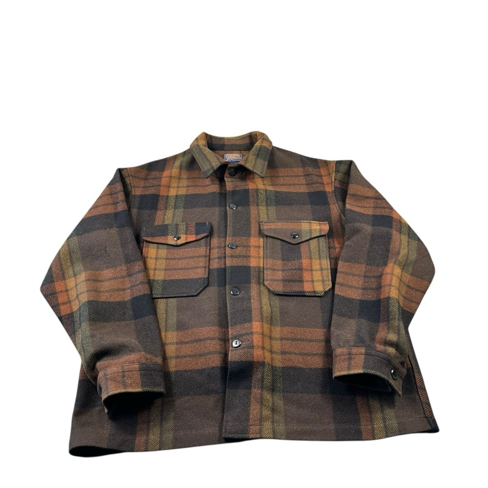 Pendleton Brown Black Green Checked Heavy Wool Dual Pocket VTG Jacket Size XL